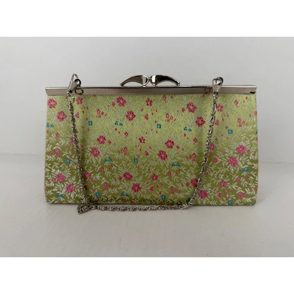 Evening Purse Bag Green Excellent Floral Brocade Kiss Lock